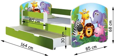 A children's bed with a jungle animal theme, shown with dimensions indicated.