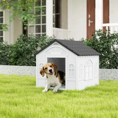 Produktbild von Hundehütte mit Satteldach, wetterfest, Kunststoff, geräumig für kleine bis mittelgroße Hunde, Grau | 65 x 75,7 x 63 cm | 6 kg | Mit Belüftung