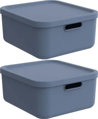 Two blue storage boxes with lids are stacked on a white background.