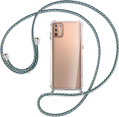 Produktbild von Handykette Backcover-Schutzhülle mit Band (Metall silberfarben) für Motorola Moto G9 Plus - grün/blau/weiß