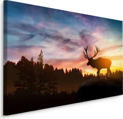 Produktbild von Fabelhafte Canvas LEINWAND BILDER 120x80 cm XXL Kunstdruck Hirsch Wild Sonnenuntergang