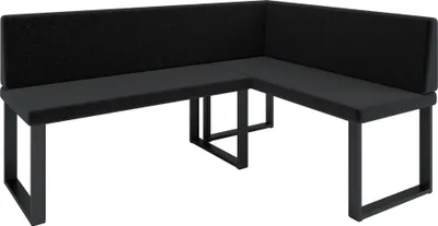A black corner bench with metal legs, shown from a slight diagonal angle against a white background.