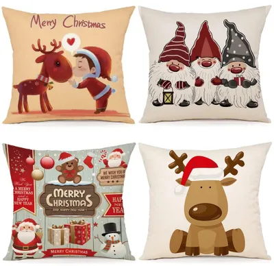 Produktbild von Set mit 4 weihnachtlichen Leinenkissenbezügen, 45x45 cm, für Sofa, Schlafzimmer und Sessel.