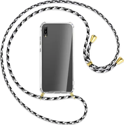 Produktbild von Handykette Backcover-Schutzhülle mit Band (Metall goldfarben) für Huawei Y6 2019 - schwarz/grau/weiß
