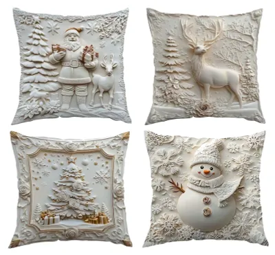 Produktbild von 4er-Set Weihnachtskissenbezüge, weiß, mit Weihnachtsmann, Schneemann, Weihnachtsbaum und Rentier. Dekorative Weihnachtskissenbezüge für Sofa, Bett und Couch.