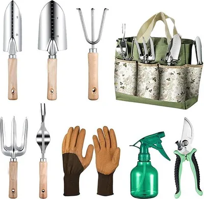 Obrázek produktu pro Zahradní nářadí, 9dílná zahradní sada z nerezové oceli s XL taškou, police, sedmikrásky, dárkové předměty do zahrady pro muže a ženy