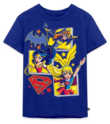 Produktbild von Spreadshirt Super Hero Girls Batgirl Wonder Woman Supergirl Kacheln Kinder Premium T-Shirt, 98/104 (2 Jahre), Royalblau
