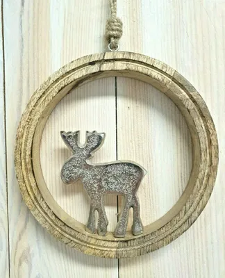 Produktbild von Holzanhänger Elch Rentier Mangoholz Metall Anhänger Baumschmuck Weihnachten Deko