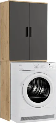 Produktbild von mokebo® Waschmaschinenschrank für Waschmaschinen & Trockner 'Der Saubermann', Überbau oder Überbauschrank mit Türen in Eiche-Schwarz aus Holz, auch als Toilettenregal in 65x180x34cm (B/H/T)