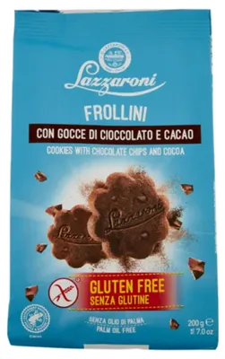 Zdjęcie produktu dla Ciastka bezglutenowe Frollini Senza Glutine Gocce di Cioccolato e Cacao 200g - Lazzaroni
