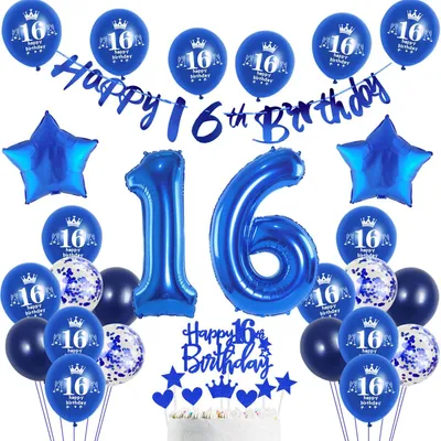 Image de Kit de décoration pour anniversaire - Avec guirlande et ballons pour 16 personnes - Décoration de fête - Bleu