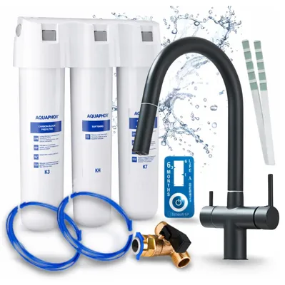 Immagine prodotto di Rubinetto da cucina Ari a 3 vie, modello Slender, nero opaco, con doccetta estraibile, incluso sistema di filtraggio dell'acqua Aquaphor Kristall H