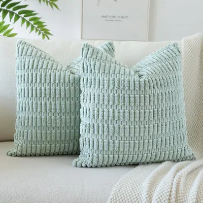 Immagine prodotto di Set di 2 federe decorative da 60x60 cm in velluto a coste, colore blu chiaro e verde