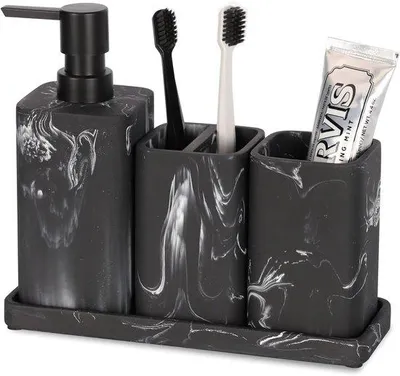 Immagine prodotto di Set di accessori da bagno - nero - elegante - 4 pezzi - motivo marmo