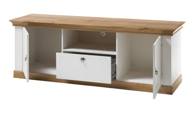 A TV lowboard with its doors and a drawer open, showing the interior storage compartments. The product is set against a plain white background.