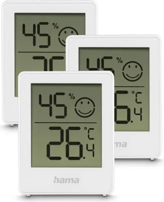 Three white digital thermometers/hygrometers are shown, with one in the foreground and two slightly behind and to the sides.