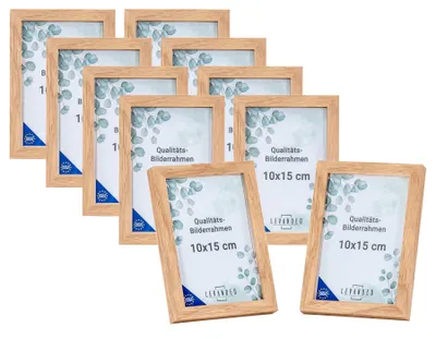 Produktbild von 10er Set Portrait Bilderrahmen  EU 10x15 Eiche Optik Natur Glasscheibe Fotorahmen Holz Picture Frame Deko Tischdeko Wanddeko Fotoaufsteller