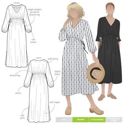 Nähschnitt Damenkleid V-Ausschnitt, Größen 04-16