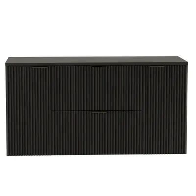 A black vanity cabinet with fluted fronts and metal handles is shown against a white background.