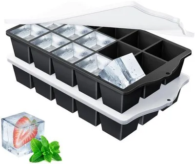 Produktbild von Silikonische Icetray Formen mit Deckel, 2 Stück, BPA-frei, große stapelbare Icetray Formen für Cocktails, Whisky, Wein, Fruchtpüree, Eis, schwarz