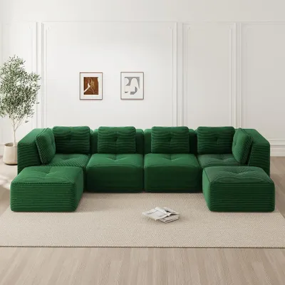 Produktbild von Modulares Ecksofa grün, U-förmiges Sofa mit Ottomane aus Cord, 4-Sitzer, tiefes Schlafsofa, Sofa ohne Montage, 386x177x69 cm