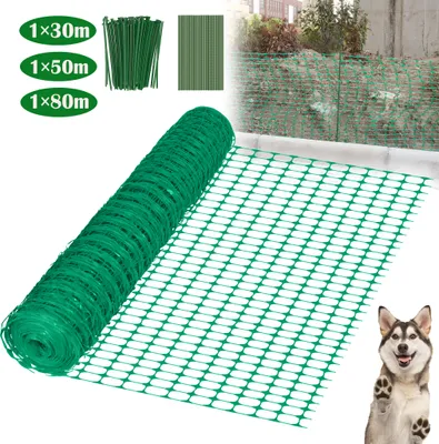 A roll of green plastic netting is shown, along with a bundle of green stakes and a sample of the netting. In the background, a section of the netting is installed as a fence. A dog is also visible in the lower right corner.