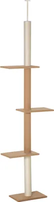 A tall, multi-level cat tree with scratching posts and platforms, presented against a white background.