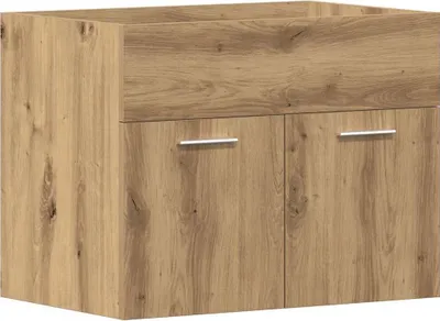 A front view of a wooden bathroom vanity cabinet with two doors and a drawer.