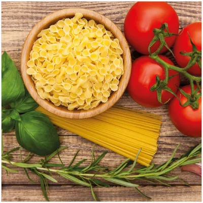 Produktbild von Wallario Premium Glasbild, freischwebende Optik, kräftige Farben, Größe 30 x 30 cm Motiv Spaghetti mit Tomaten, Knoblauch und Basilikum