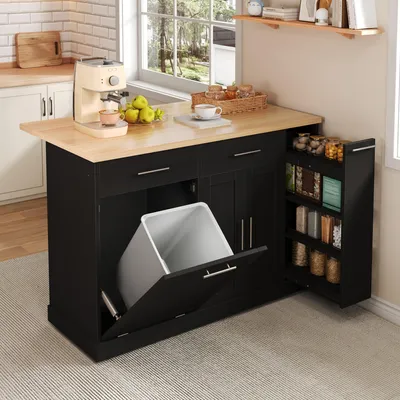 Immagine prodotto di Isola da cucina 120x45(70)x93 cm, con ruote, piano di lavoro pieghevole, mobiletto per rifiuti, scaffale per spezie a 4 ripiani, 2 cassetti, ruote bloccabili.