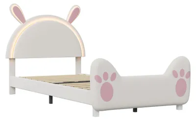 Image de Lit bébé - Lit double - Tête de lit en forme de lapin rembourrée - Éclairage LED - Sommier à lattes - Rangement sous le lit - 140 x 200 cm - Blanc