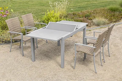 Obrázek produktu pro Merxx "Savona" 5dílná sada zahradního nábytku s rozkládacím stolem 140/200 x 90 cm - hliníkový rám stříbrný s umělým proutím přírodně šedý