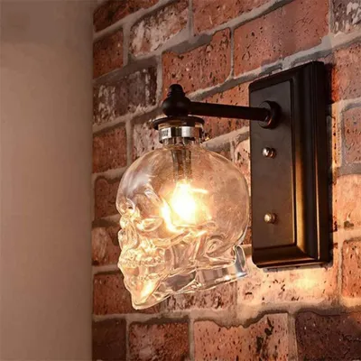 Zdjęcie produktu dla Lampa ścienna w stylu vintage country z motywem szkieletu – antyczna lampa dekoracyjna do loftu, baru, na Halloween, do przedpokoju – lampa ścienna z motywem czaszki