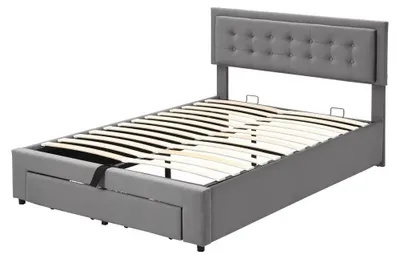 Productafbeelding van Bed met opbergruimte - Gestoffeerd tweepersoonsbed - Fluweel - Met lades - Lattenbodem - 180 x 200 cm - Grijs