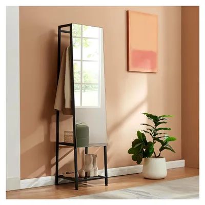 Produktbild von Standspiegel mit Kleiderständer 2-in-1 Garderobenspiegel mit 2 Ablagen 160 x 40 x 35 cm eckig Kleiderstange Schlafzimmer Schwarz
