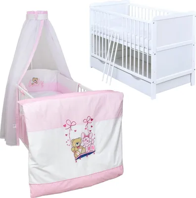 Produktbild von Baby-Delux Babybett Kinderbett Jack 140×70 weiß inkl. Schublade Bettwäsche komplett Set Schaukelfreunde