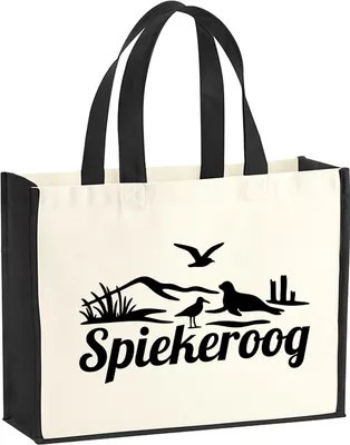 Produktbild von Huuraa Jutetasche Spiekeroog Strandmotiv 21 Liter Black Jute und Baumwolle Einkaufstasche Geschenkidee