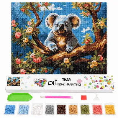 Imagen del producto de Kit completo para pintura con diamantes THAR, diseño de koala en una rama de flores, 40 x 50 cm