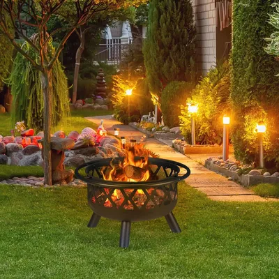 Produktbild von Relaxdays Feuerschale mit Funkenschutz, Garten & Terrasse, mit Schürhaken, Outdoor Feuerstelle, Stahl, Ø 75 cm, schwarz