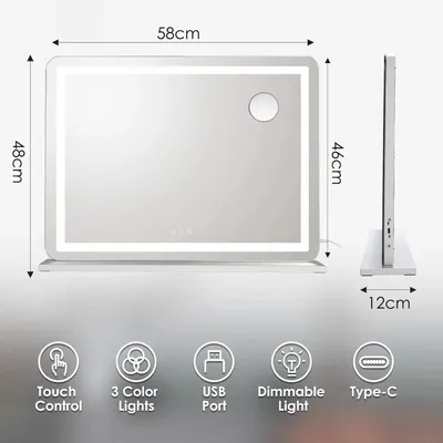 Produktbild von Schminkspiegel mit Licht - Hollywood LED Kosmetikspiegel - 58x46 cm - 3 Lichtfarben - Dimmbar Touchscreen - Tischspiegel für Schminktisch - Weiß