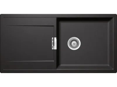 A top-down view of a black granite kitchen sink with a drainer and a sink basin.