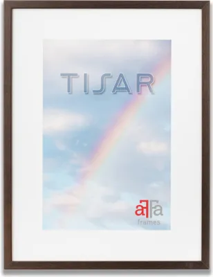 A framed picture with a rainbow and clouds, and a logo.