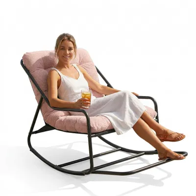 Produktbild von LVHOM Schaukelstuhl mit Armlehnen, Schaukelsessel Cordstoff Relaxsessel Modern mit Metallgestell & dickem Polster, Lesesessel Skandinavisch, Rosa