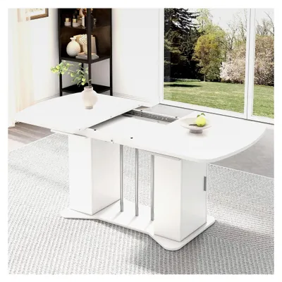 Produktbild von Moderner ausziehbarer Esstisch mit Stauraum, 120-160 cm x 80 cm, MDF in Weiß, versilberte Metallbeine, multifunktionaler Küchentisch für 4-8 Personen