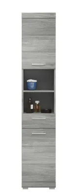 A tall, narrow cabinet with a gray wood-grain finish and silver handles.