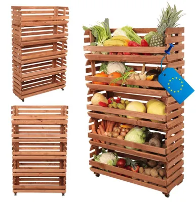 Produktbild von MODO24 Gemüseregal Holz, 5 Holzkisten, Kartoffelsteige, Obstregal, Rollenregal, Stapelbar, Vorratsregal, Massivholz Kiefer, 132x77x30 cm, Braun, RAWA