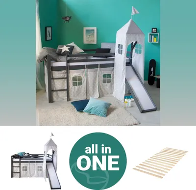 Produktbild von Homestyle4u Kinder Hochbett 90x200 grau mit Lattenrost Rutsche Turm