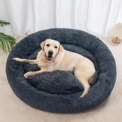 Image de Lit pour chien, forme ronde, 90 cm de diamètre, couleur gris foncé, lavable, doux, antidérapant