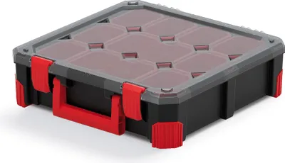 A product shot of a closed workshop organizer with a transparent lid and red latches and handle.