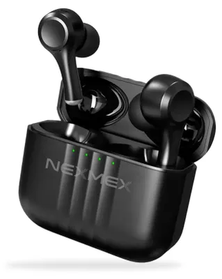A pair of black wireless earbuds in their charging case.